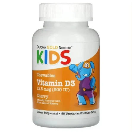 California Gold Nutrition, жевательный витамин D3 для детей, натуральный вишневый вкус, 12,5 мкг (500 МЕ), 90 вегетарианских таблеток